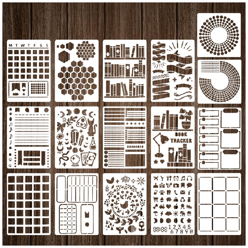 Boqon 16 Pieces Journal Stencils for Dotted Journals Supplies  Happy Planner Stencils for Journaling DIY Drawing Templates Accessories Kit for Notebook Cards Scrapbook (16 Journal) - Image 1